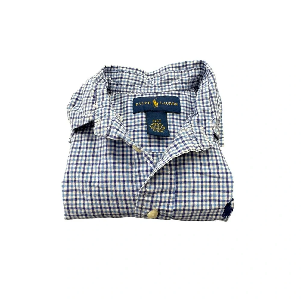 Ralph Lauren Boys Blue White Gingham Check Long Sleeve Button Down Shirt 4 4T